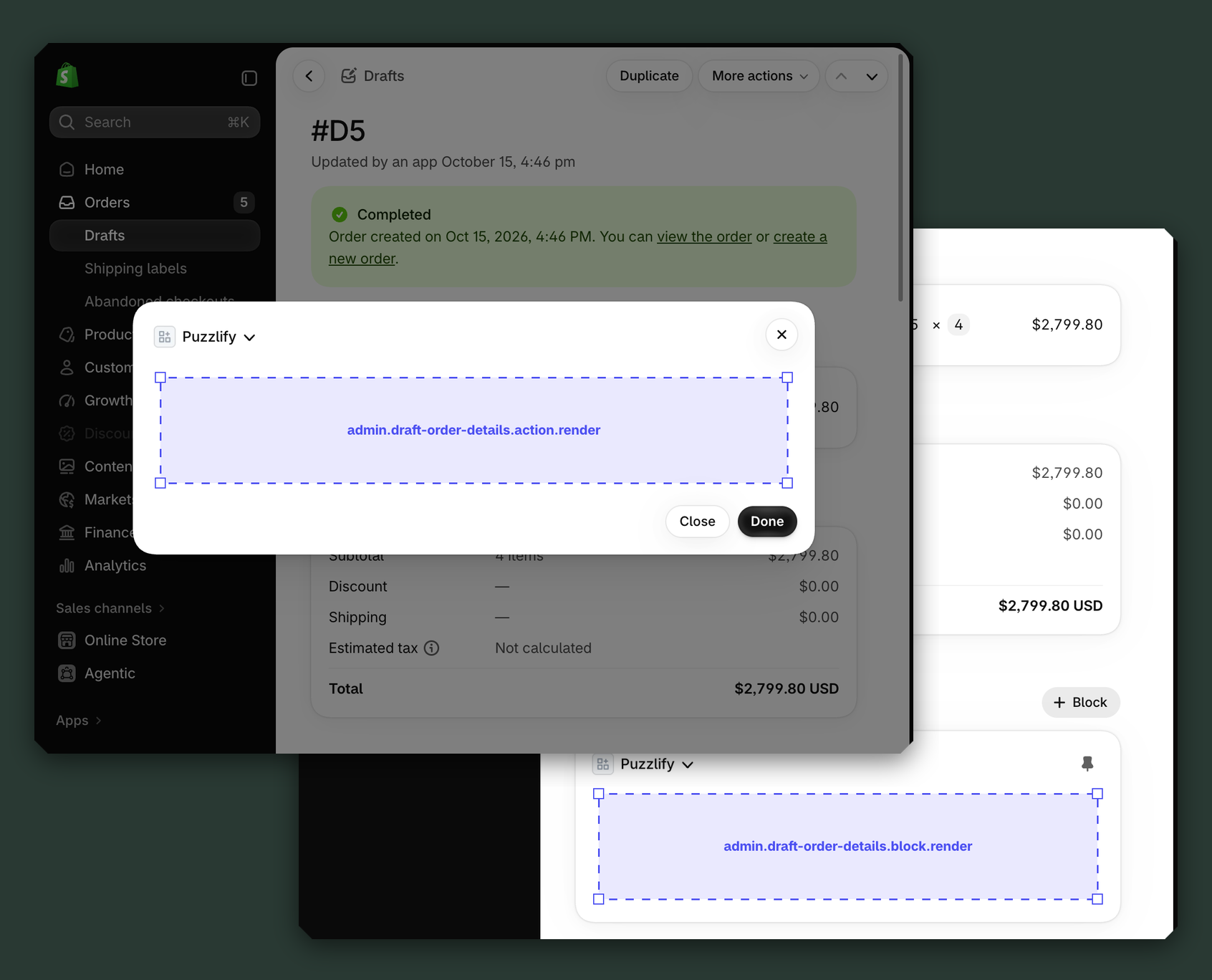 Shopify admin draft order pages showing all available extension target locations.