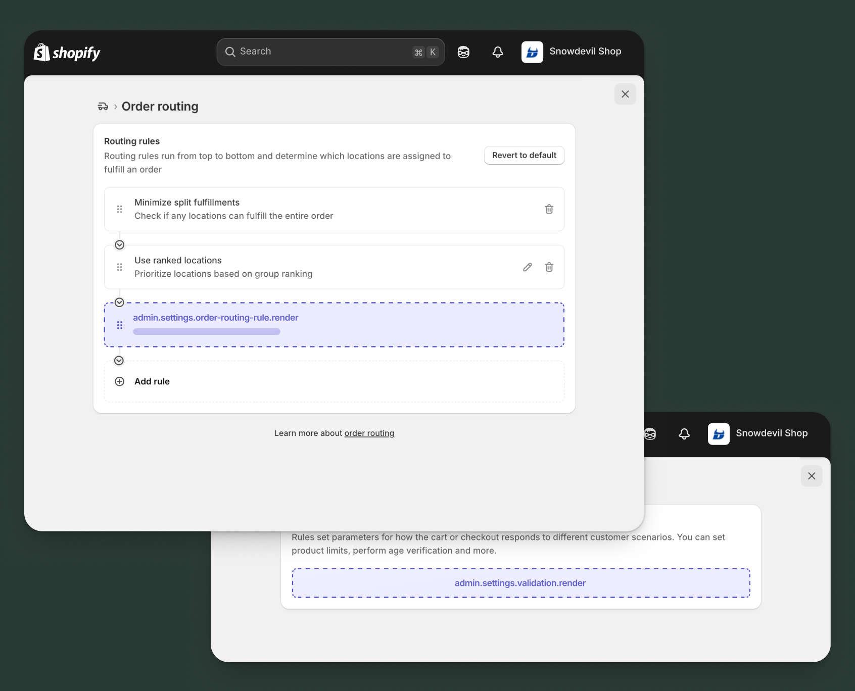 Shopify admin function settings pages showing all available extension target locations.