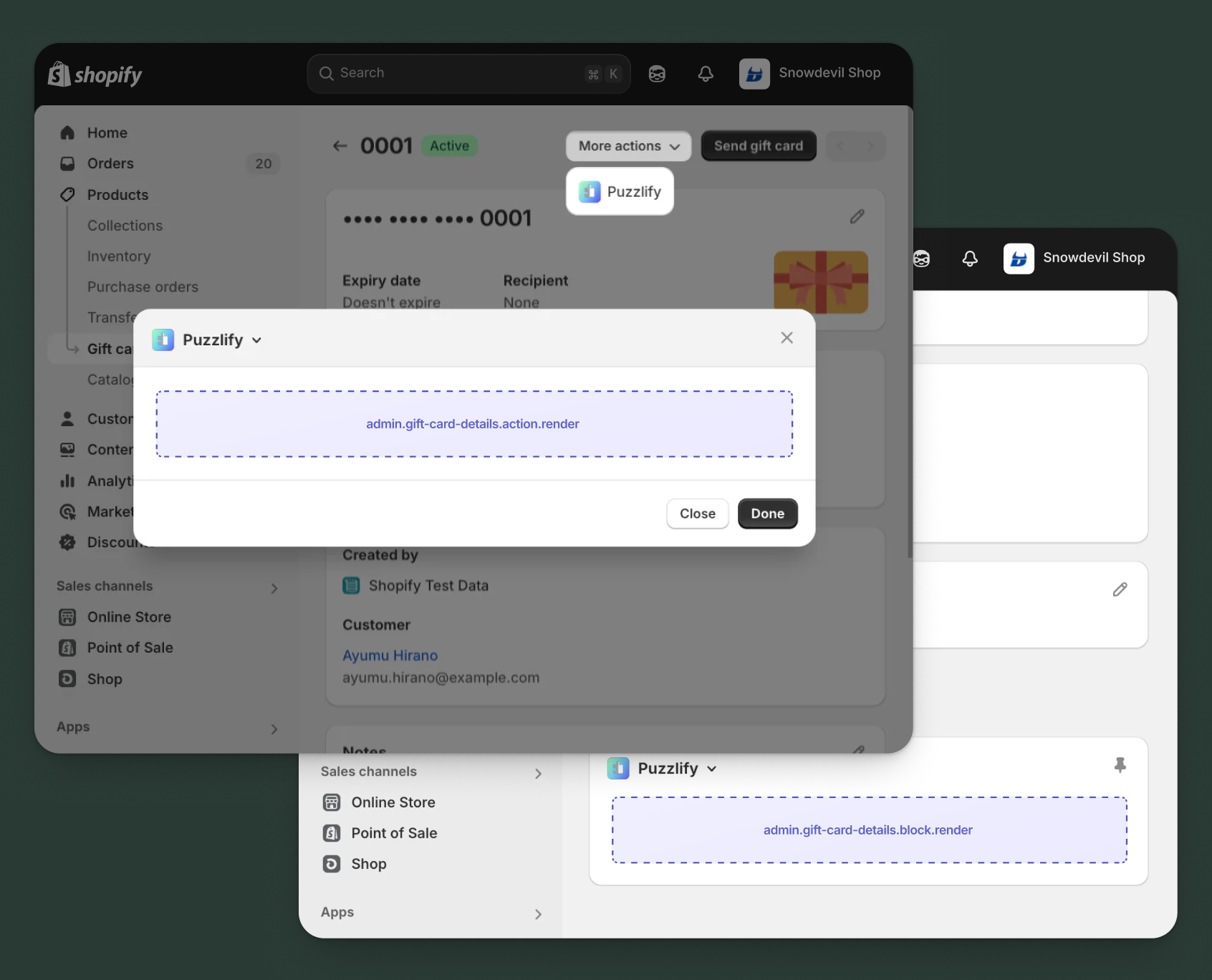 Shopify admin gift card pages showing all available extension target locations.