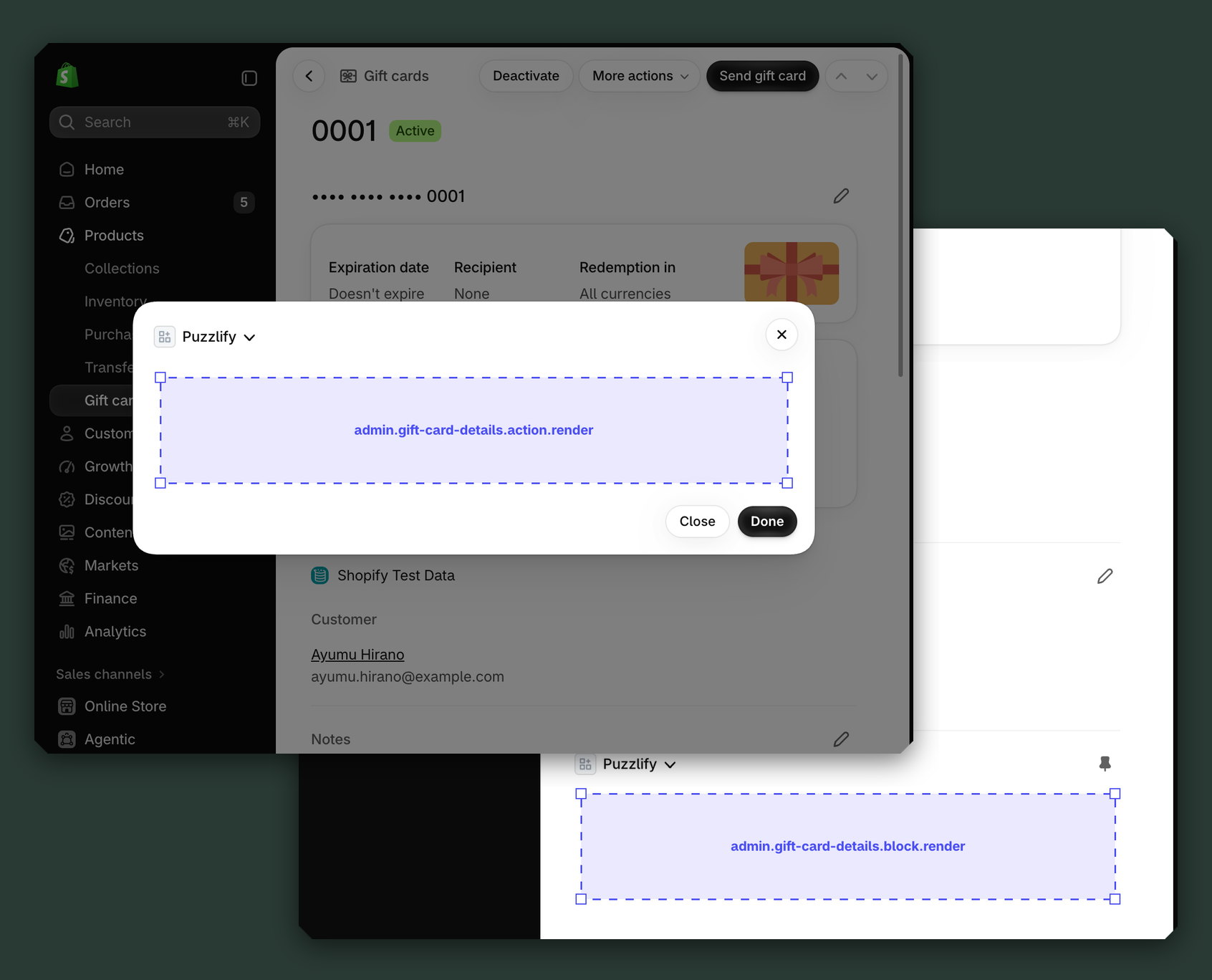 Shopify admin gift card pages showing all available extension target locations.