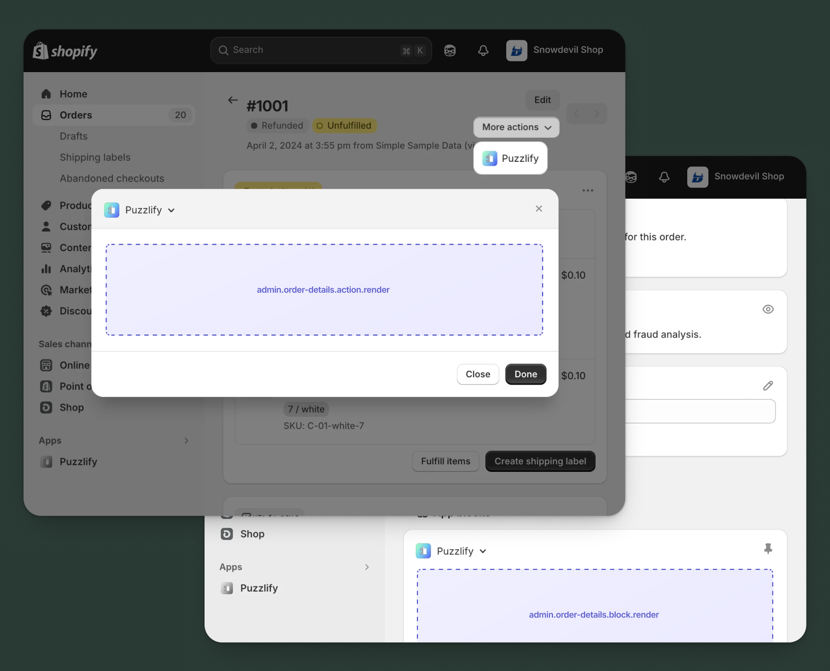 Shopify admin order pages showing all available extension target locations.