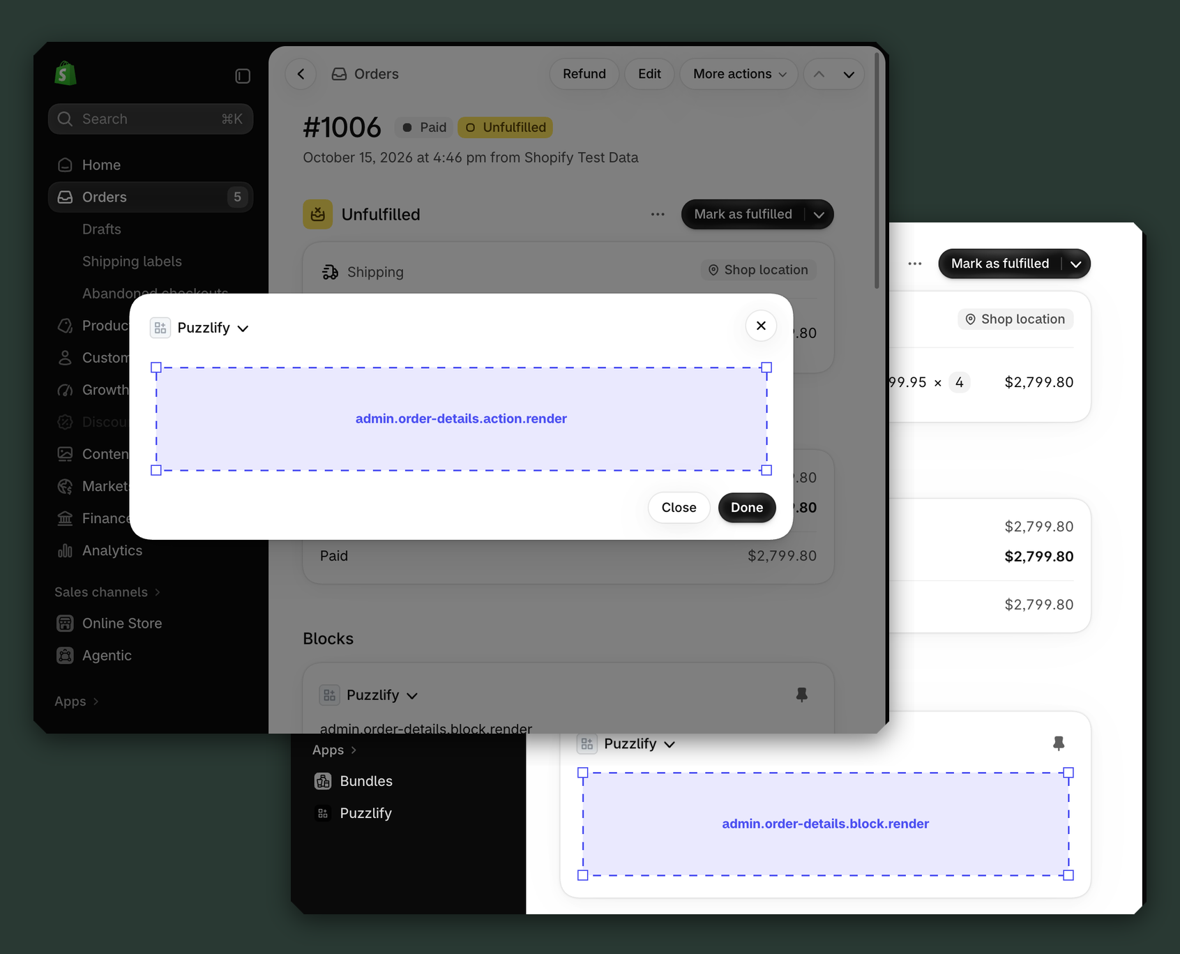 Shopify admin order pages showing all available extension target locations.