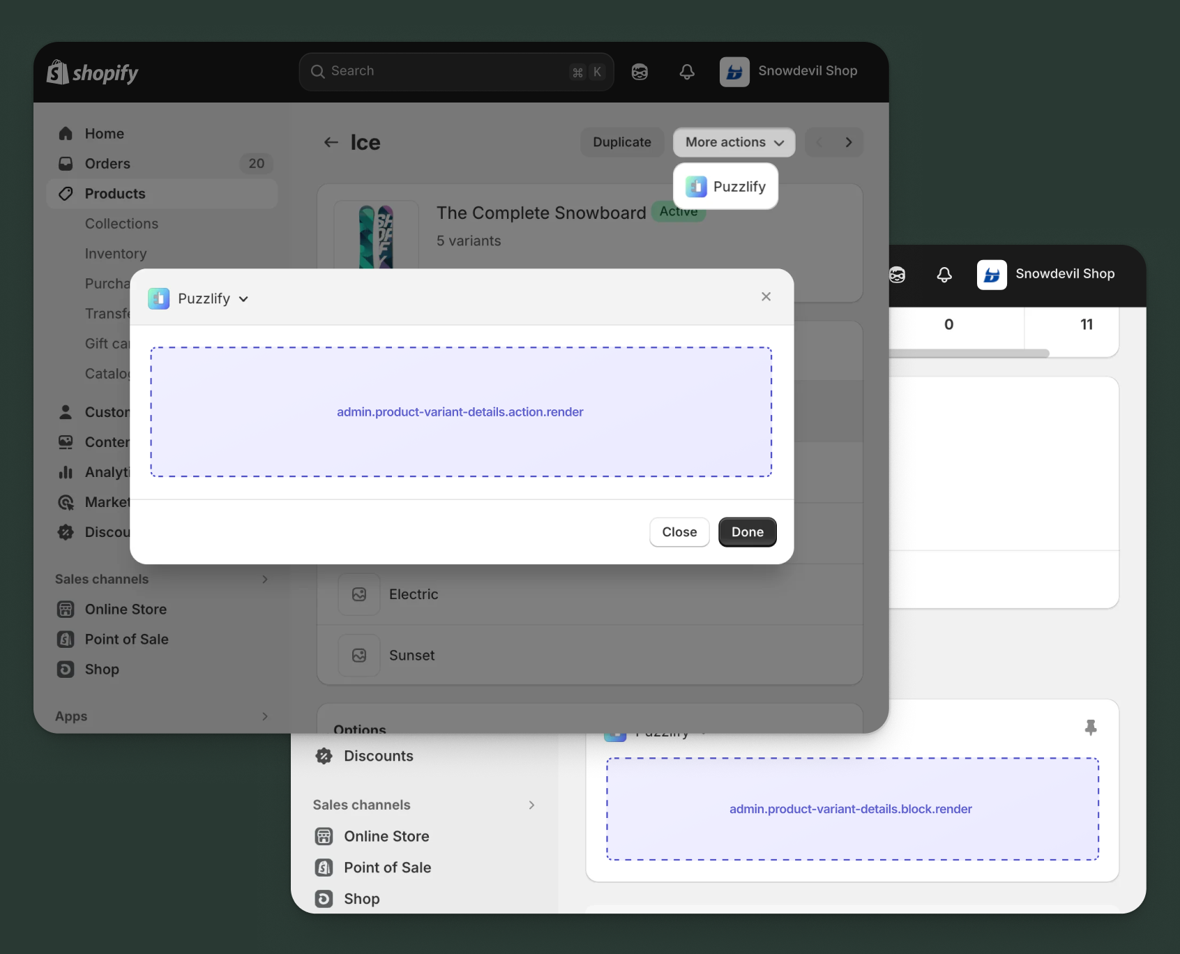 Shopify admin product variant pages showing all available extension target locations.