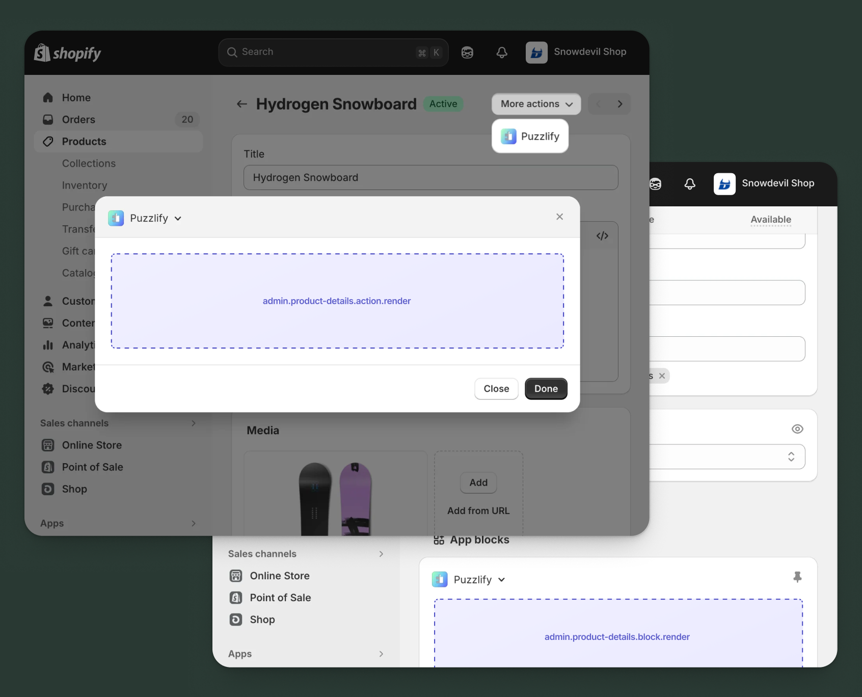Shopify admin product pages showing all available extension target locations.