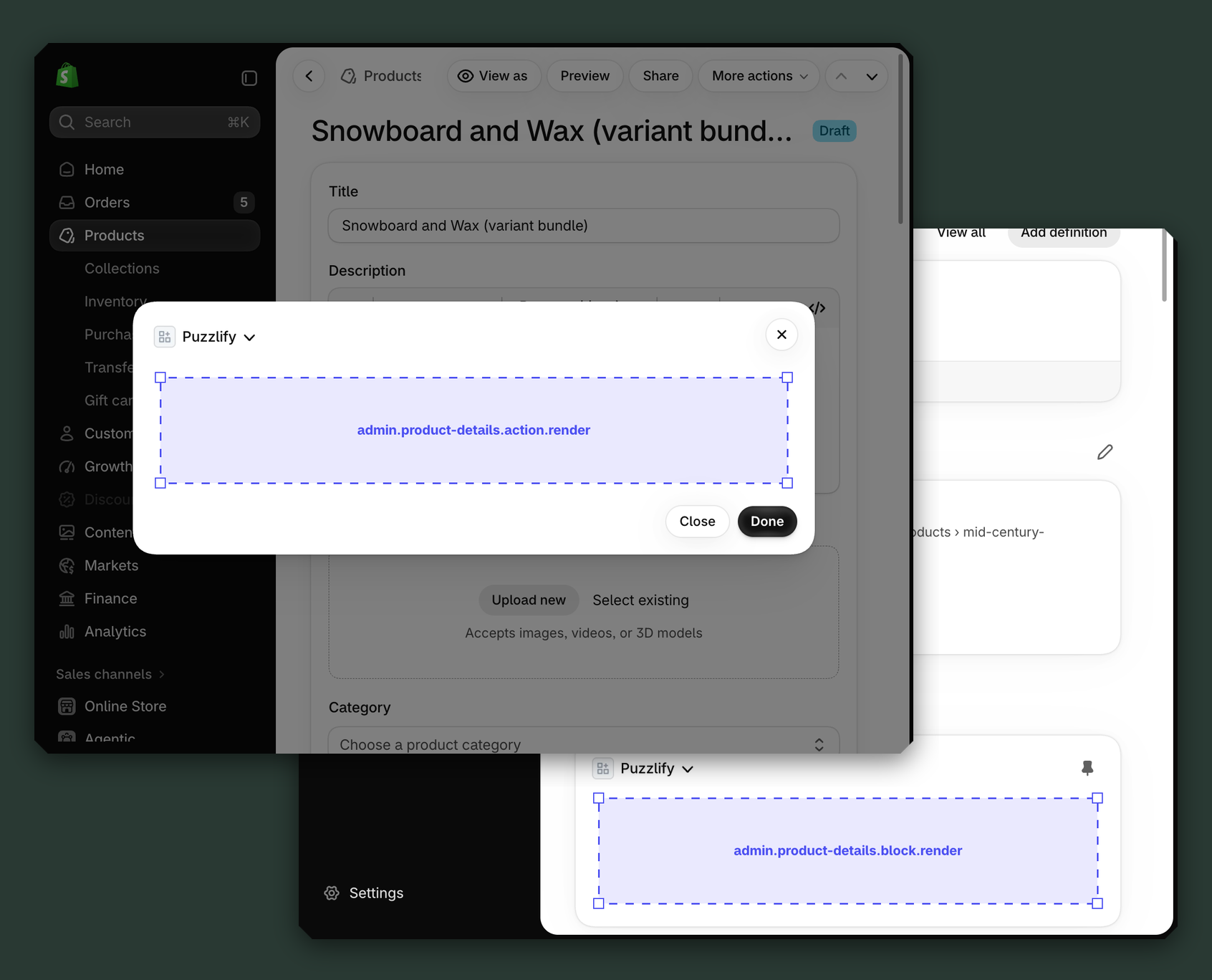 Shopify admin product pages showing all available extension target locations.