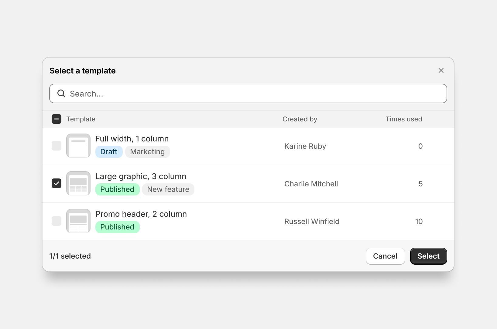 Select email templates. This example builds a custom picker for email templates with multiple columns and status badges. It defines column headers, populates items with searchable data fields, adds visual status indicators, and handles the selection promise. Use this pattern for app-specific resources like templates, product reviews, or subscription options.