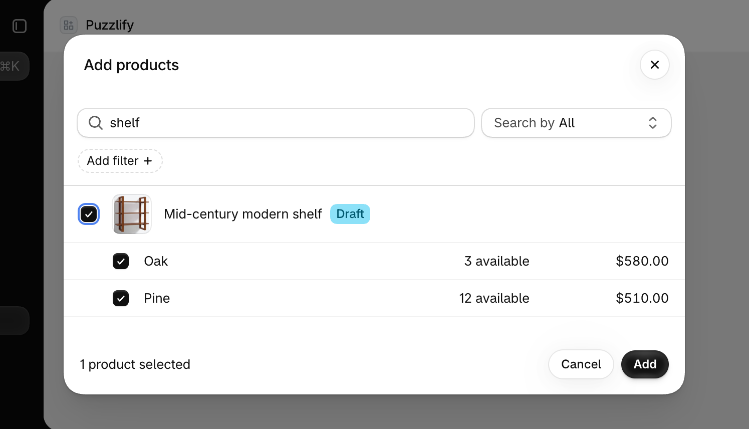 Select products from the store catalog. This example opens a product resource picker and handles the selection response. The resource picker returns an array of product objects with GIDs, titles, and handles.