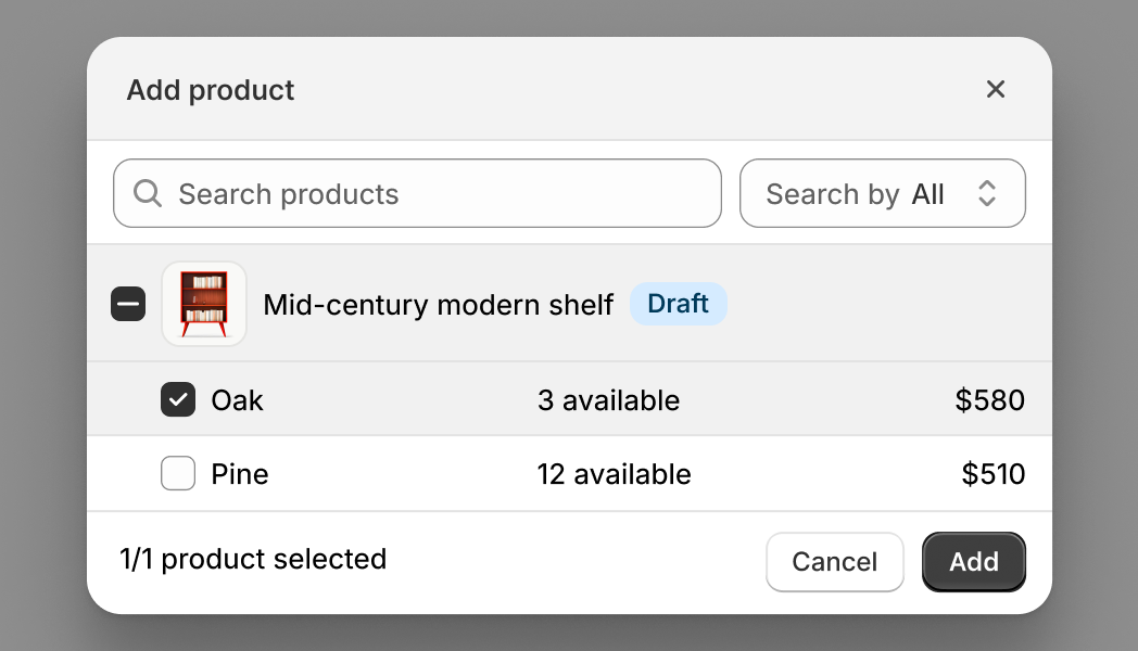 Select products from the store catalog. This example opens a product resource picker and handles the selection response. The resource picker returns an array of product objects with GIDs, titles, and handles.
