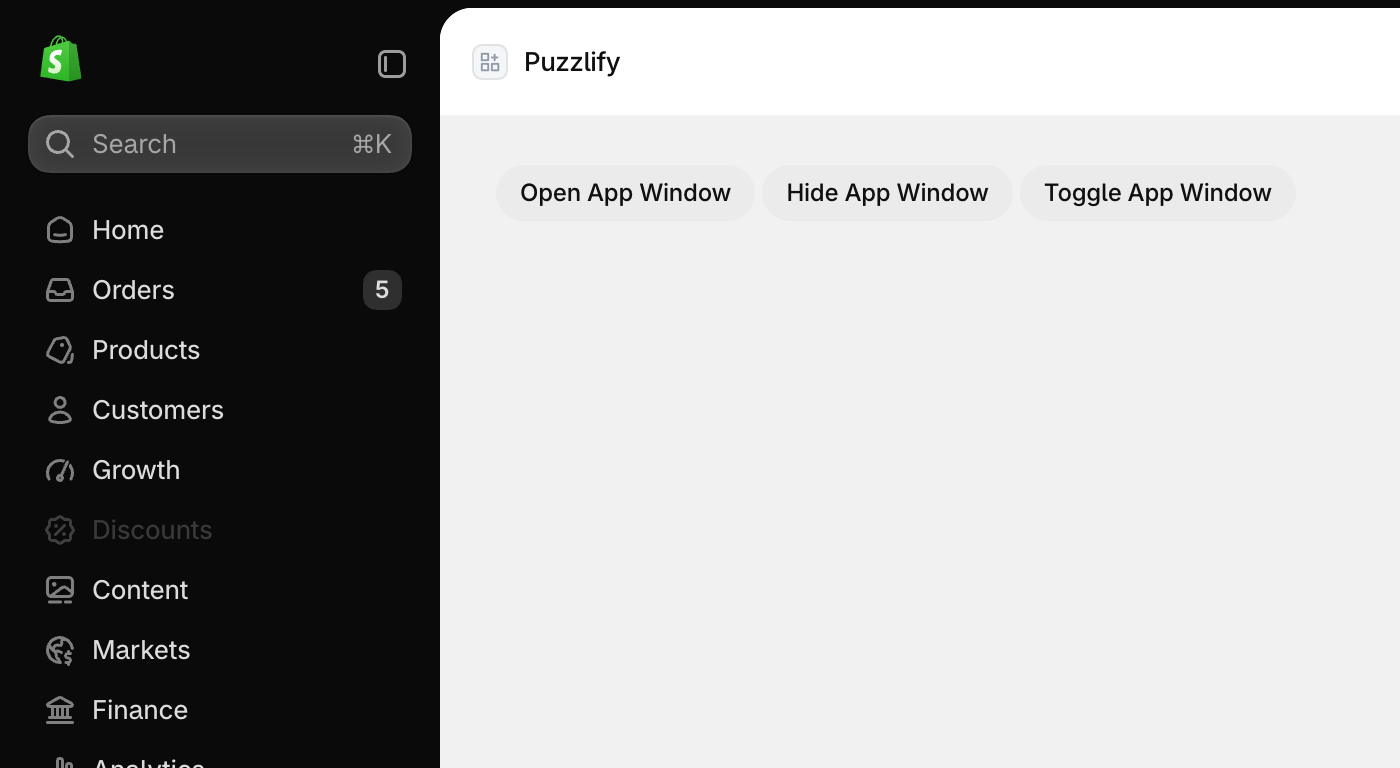 Control the app window declaratively. This example uses the [`command`](/docs/api/app-home/latest/web-components/actions/button#properties-propertydetail-command) and [`commandFor`](/docs/api/app-home/latest/web-components/actions/button#properties-propertydetail-commandFor) attributes on buttons.