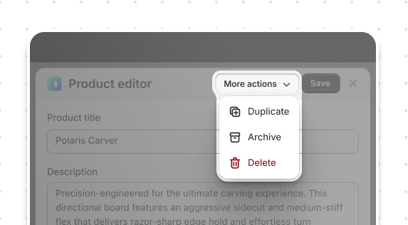 Add icons and dropdown menus to actions. This example pairs icon buttons with [`commandFor`](/docs/api/app-home/polaris-web-components/actions/button#properties-propertydetail-commandFor) to create dropdown menus.