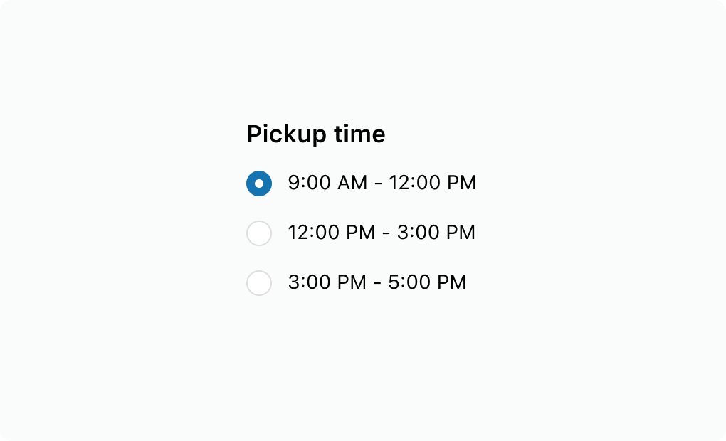 The ChoiceList component is great for presenting a concise list of options, particularly when showcasing time ranges due to its ample horizontal space. However, if there’s more than 5 choices, use the [Select](/docs/api/checkout-ui-extensions/components/forms/select) component instead.
