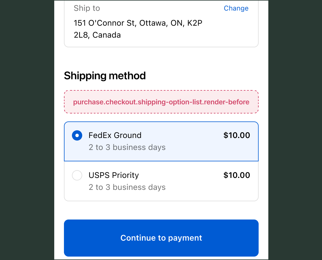 Three-page checkout showing the shipping step with the buyer's ship-to address summary, FedEx Ground and USPS Priority shipping options, and a Continue to payment button.