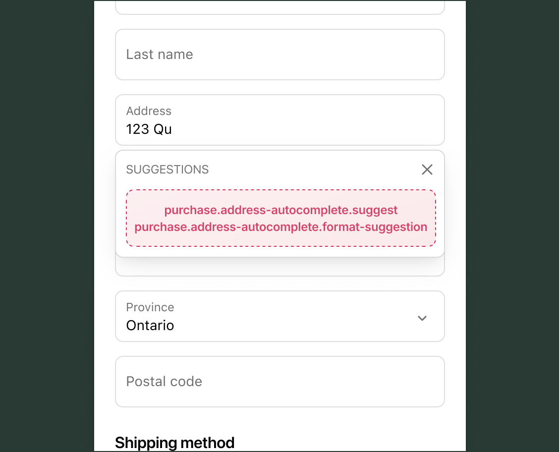 Checkout delivery address form with a Suggestions panel open showing both purchase.address-autocomplete.suggest and purchase.address-autocomplete.format-suggestion target slots where address suggestions appear and are formatted as the buyer types.