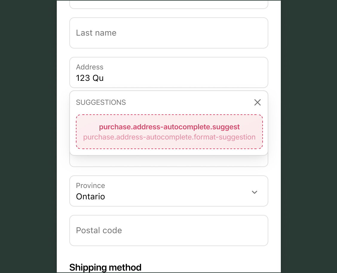 Checkout delivery address form with a Suggestions panel open showing the purchase.address-autocomplete.suggest target slot where address suggestions appear as the buyer types.