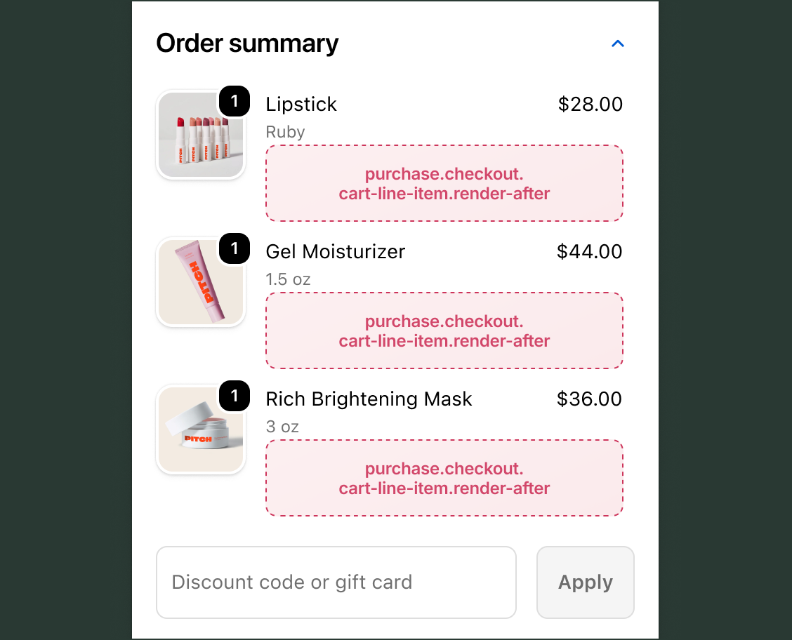 Order summary in checkout showing three items (Lipstick, Gel Moisturizer, Rich Brightening Mask) each with a purchase.checkout.cart-line-item.render-after target slot appearing below each individual item's details.