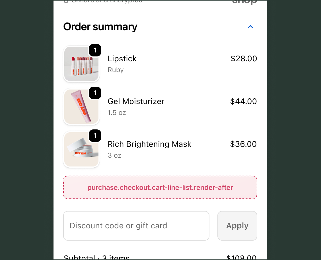 Order summary in checkout showing three items with the purchase.checkout.cart-line-list.render-after target slot below the full item list, above the discount code field.