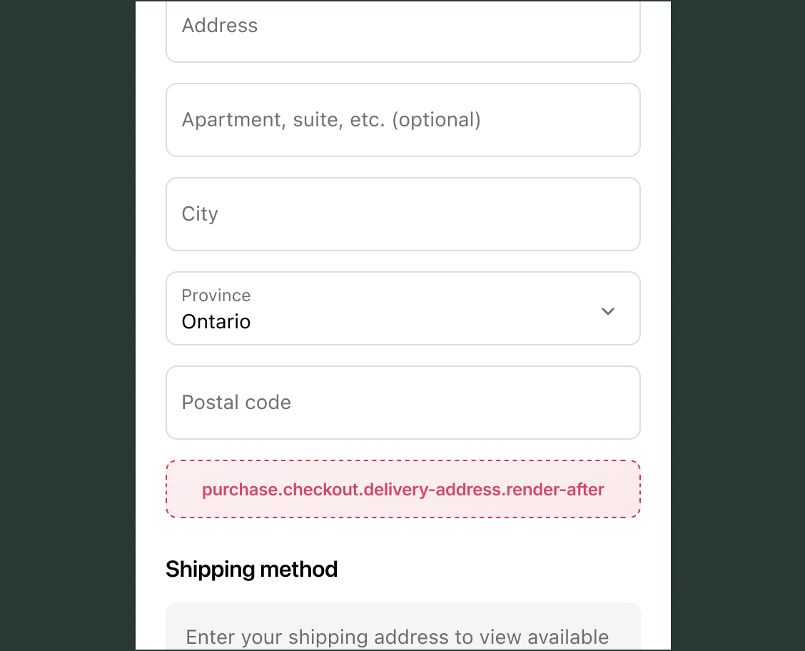 Checkout delivery address form showing Address, Apartment, City, Province, and Postal code fields, with the purchase.checkout.delivery-address.render-after target slot below the address form, above the Shipping method section.