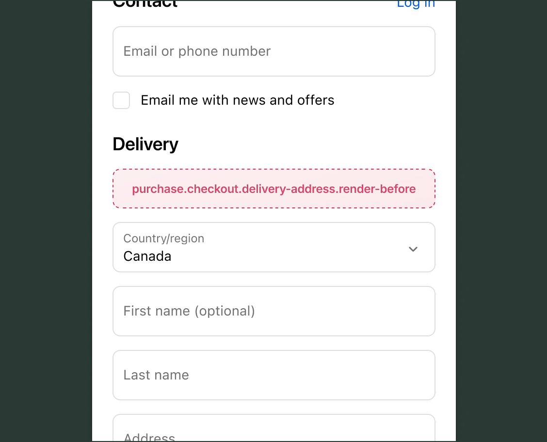Checkout page showing the Contact section with email field and marketing checkbox, then the Delivery section with the purchase.checkout.delivery-address.render-before target slot above the delivery address form fields.