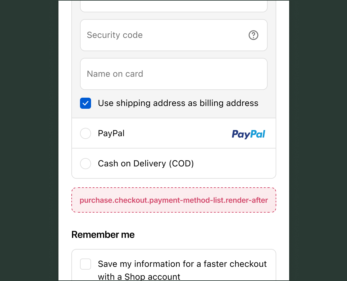 Checkout Payment section showing credit card fields, PayPal and Cash on Delivery options, with the purchase.checkout.payment-method-list.render-after target slot below all payment method options.