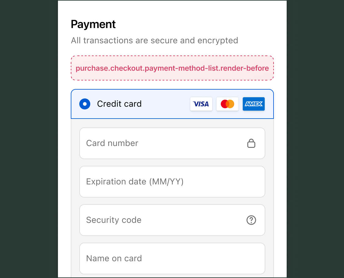 Checkout Payment section showing the Payment heading with the purchase.checkout.payment-method-list.render-before target slot directly above the list of payment method options.