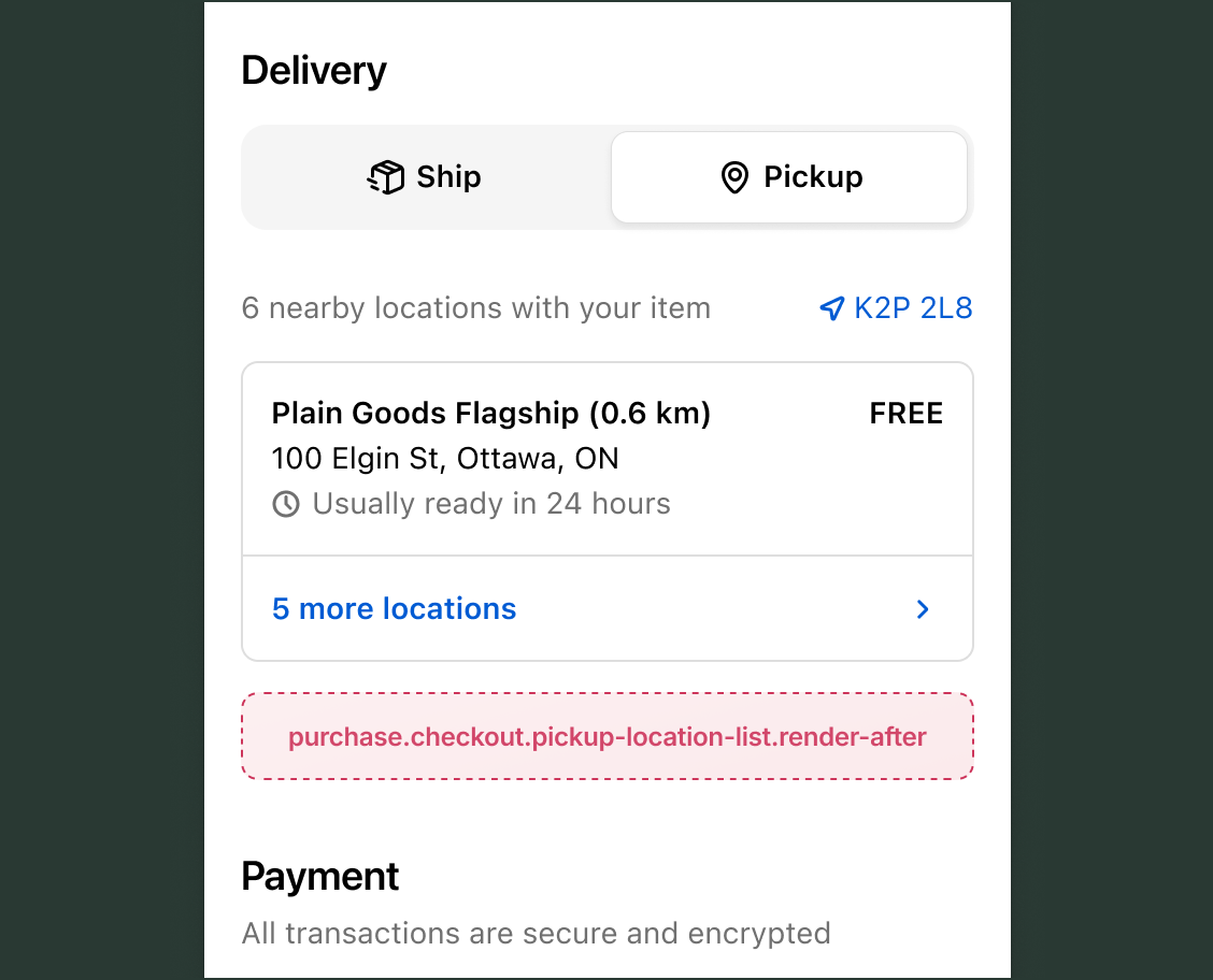 Checkout delivery section with Ship and Pickup tabs selected, showing the store pickup location list with the purchase.checkout.pickup-location-list.render-after target slot below all pickup location options.