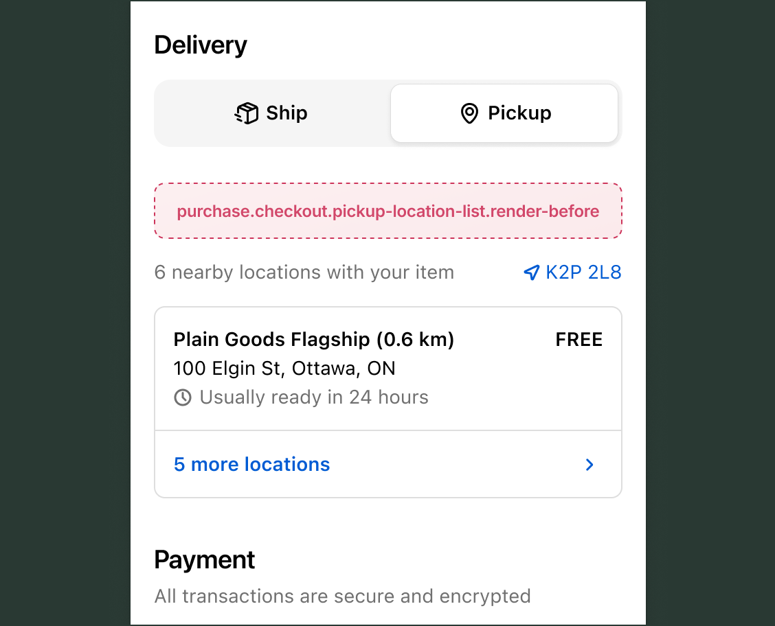 Checkout delivery section with Ship and Pickup tabs selected, showing the purchase.checkout.pickup-location-list.render-before target slot above the store pickup location list.