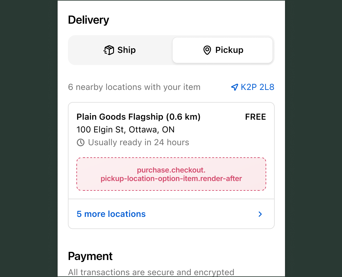 Checkout delivery section showing a store pickup option with store name, address, and availability time, with the purchase.checkout.pickup-location-option-item.render-after target slot inside each location item below the availability text.