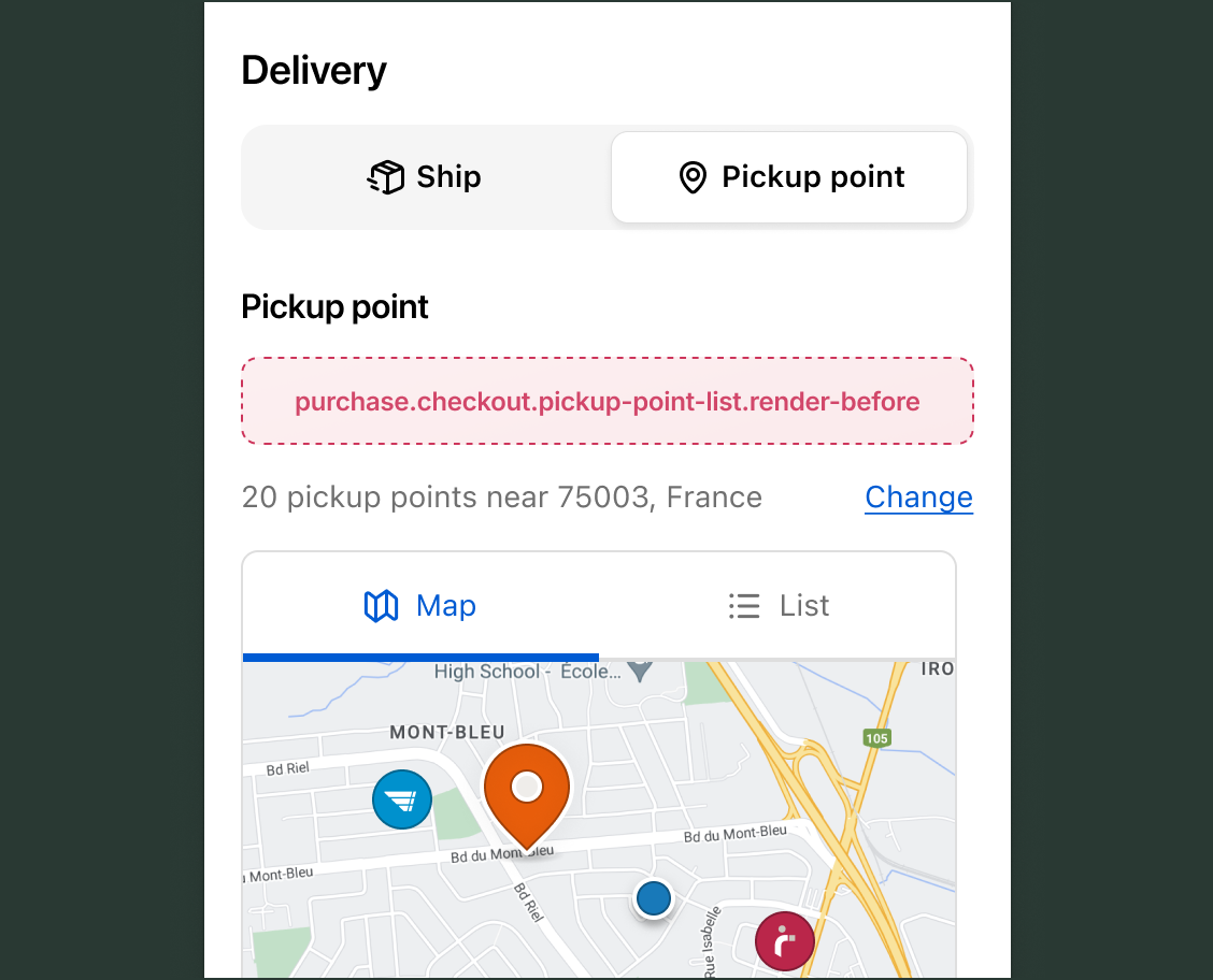 Checkout delivery section with Ship and Pickup point tabs, showing the purchase.checkout.pickup-point-list.render-before target slot above a map of nearby pickup points.