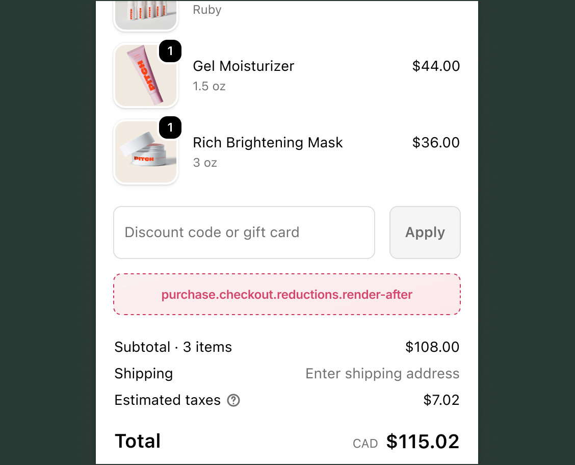 Order summary in checkout showing items and a discount code field, with the purchase.checkout.reductions.render-after target slot between the discount field and the subtotal, taxes, and total breakdown.