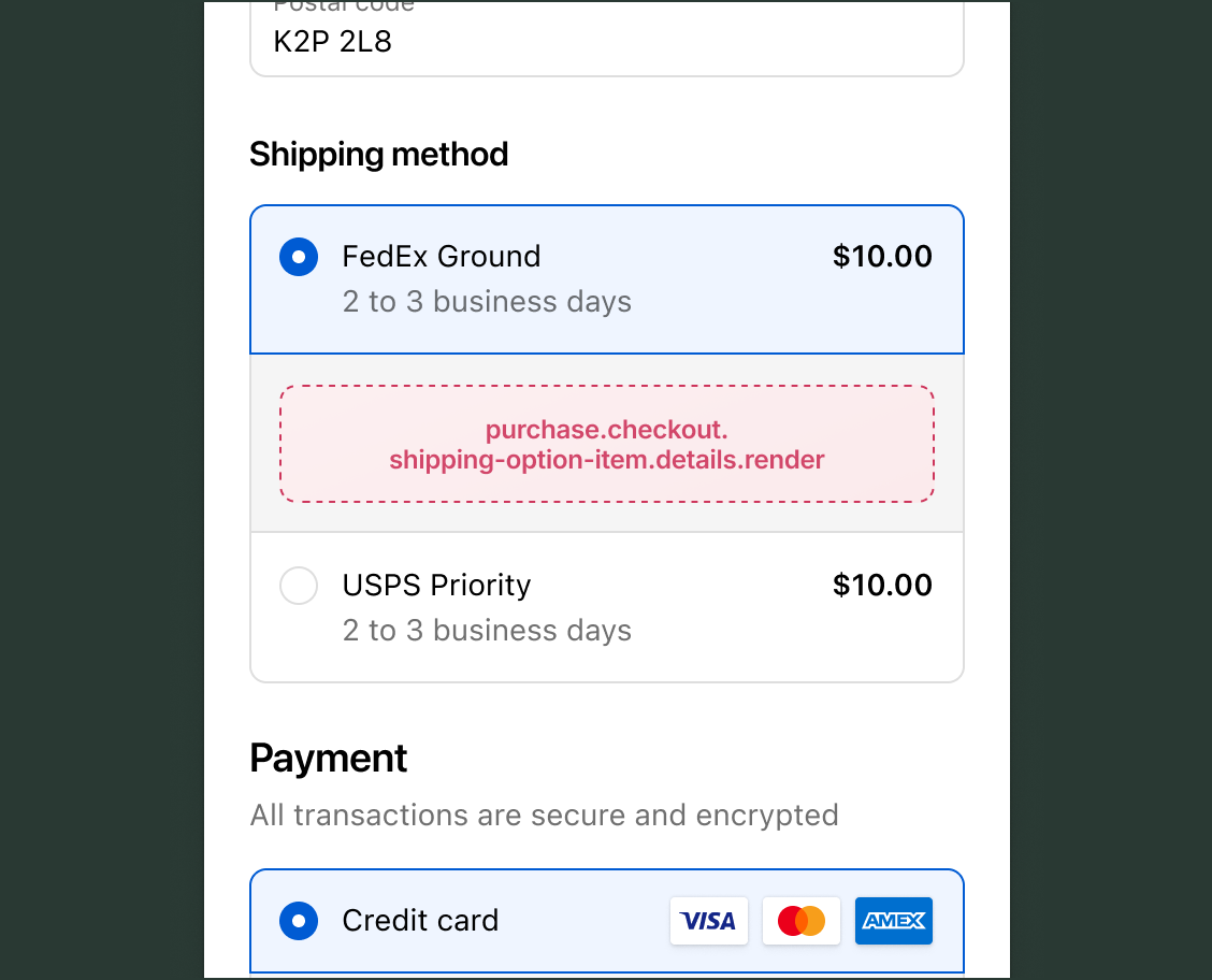 Checkout Shipping method section with FedEx Ground selected, showing the purchase.checkout.shipping-option-item.details.render target slot inside the expanded selected shipping option, between the carrier name/price row and the next option.