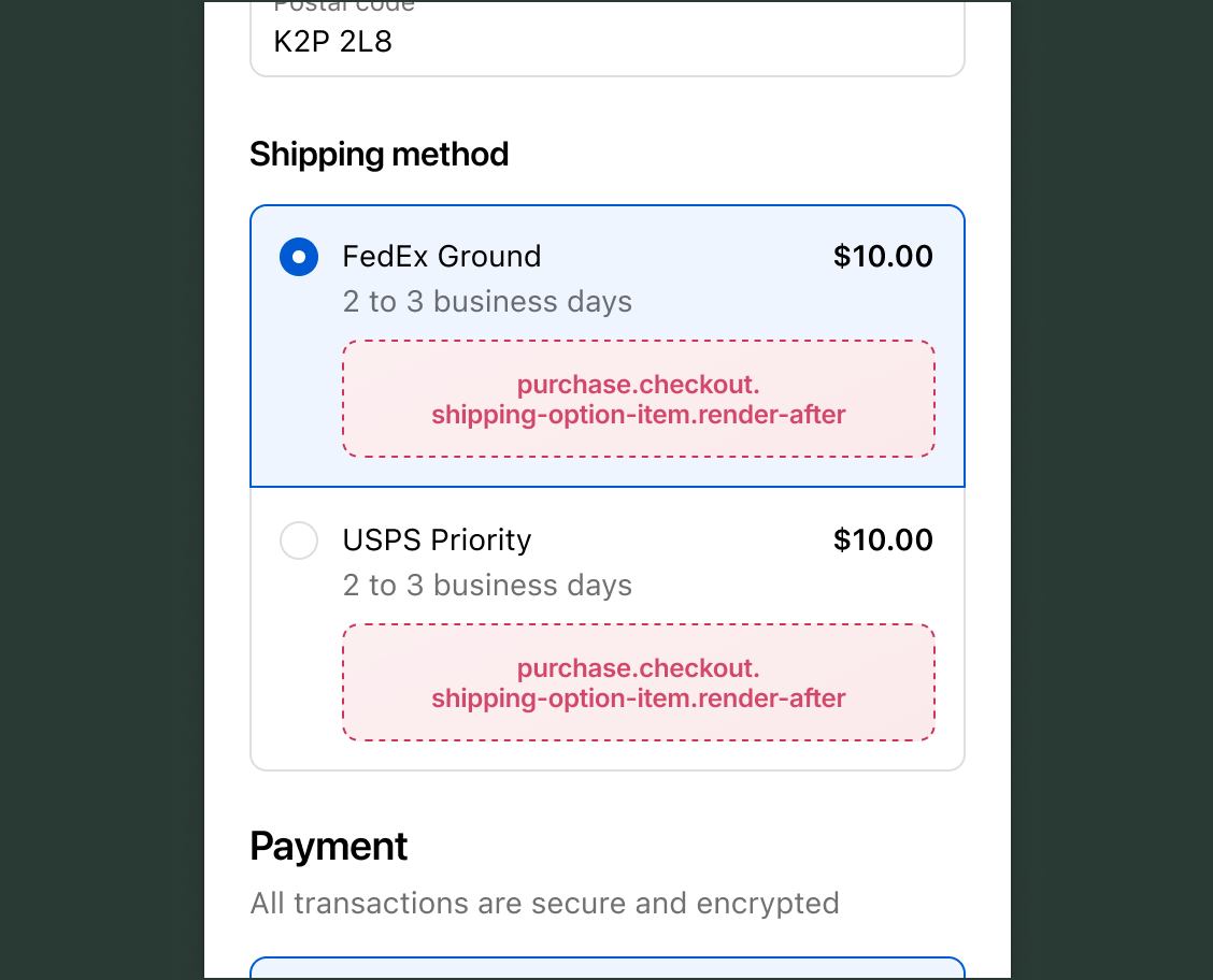 Checkout Shipping method section showing FedEx Ground and USPS Priority options, each with a purchase.checkout.shipping-option-item.render-after target slot below the carrier name and estimated delivery time.