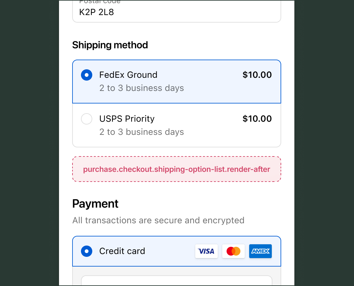 Checkout Shipping method section showing FedEx Ground and USPS Priority options, with the purchase.checkout.shipping-option-list.render-after target slot below the full list of shipping options, above the Payment section.