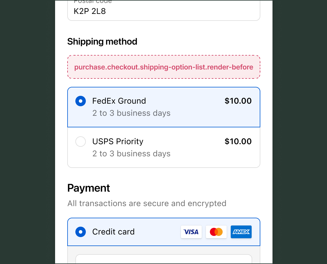 Checkout Shipping method section with the purchase.checkout.shipping-option-list.render-before target slot above the list of shipping options showing FedEx Ground and USPS Priority.