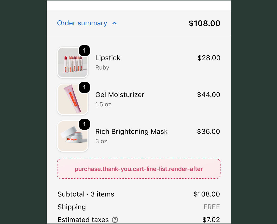 Thank you page order summary showing purchased items with the purchase.thank-you.cart-line-list.render-after target slot below the complete item list, above the subtotal breakdown.