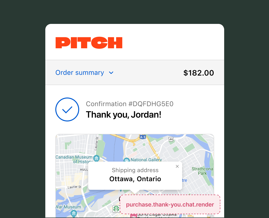 Thank you page showing an order confirmation with a map of the shipping address, with the purchase.thank-you.chat.render target slot in the bottom-right corner of the page.