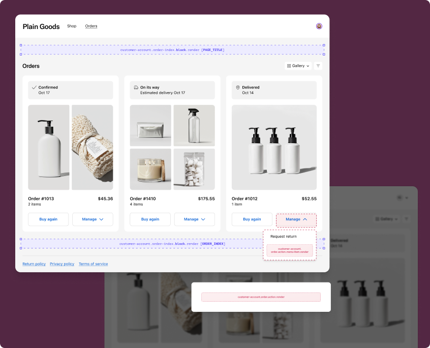 Order pages showing available extension target locations for action menu items, action modals, announcements, and blocks.