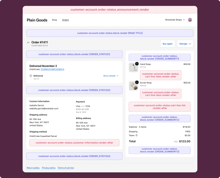 Order status page showing all available extension target locations with highlighted slots near line items, customer information, announcements, and blocks.