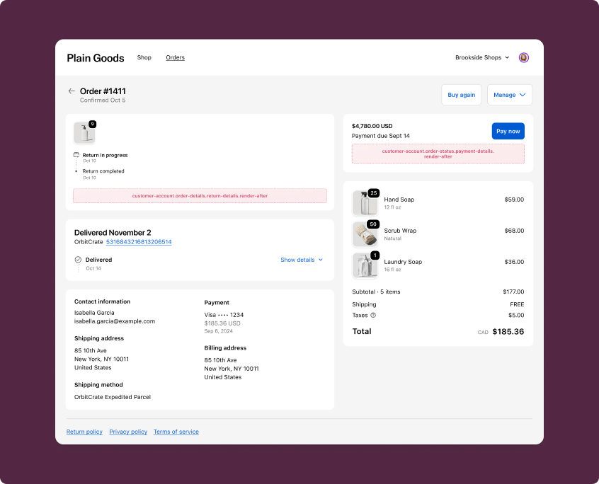 Order status page payments and returns section showing available extension target locations with highlighted slots near payment and return details.