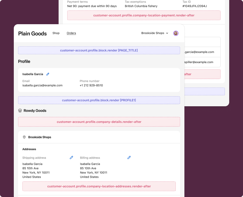 B2B profile page showing all available extension target locations with highlighted slots near company details, location addresses, payment, and staff sections.