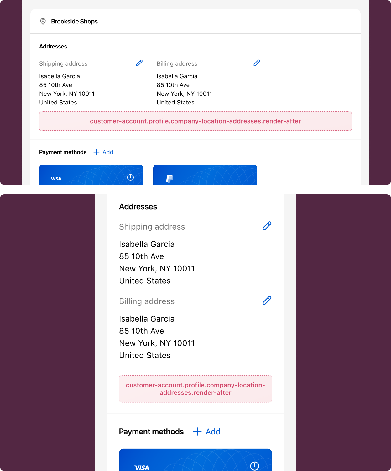 B2B profile page showing company location addresses with the extension target slot highlighted below the address list.