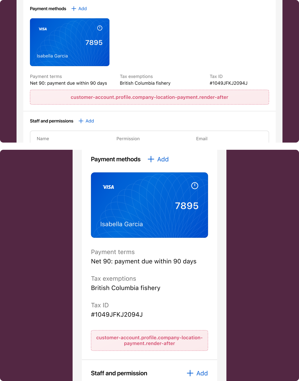 B2B profile page showing company location payment methods with the extension target slot highlighted below the payment options.