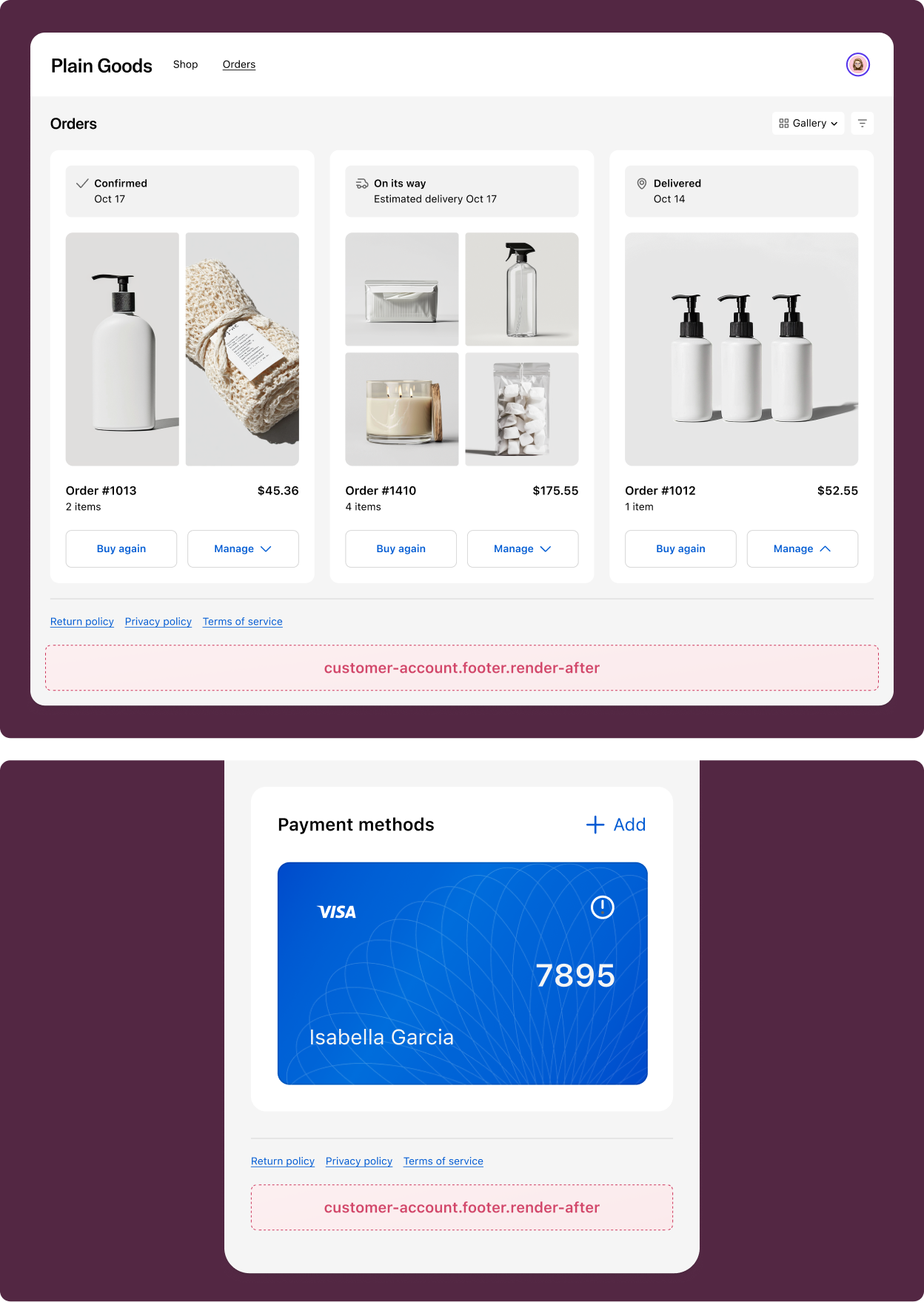 Customer account page footer section with the extension target slot highlighted below the footer content.