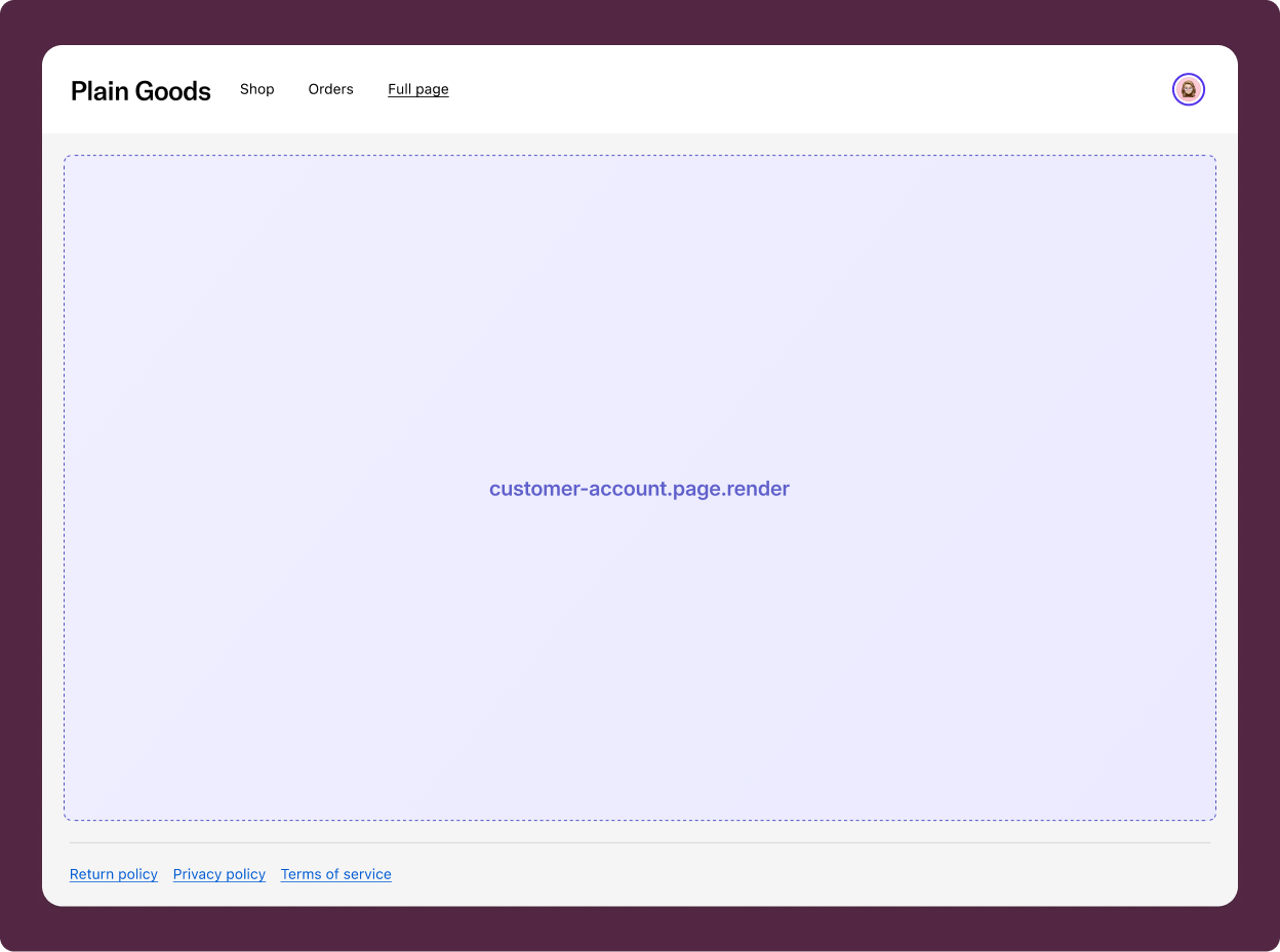 Customer account full page extension rendering in the main content area between the header navigation and footer.