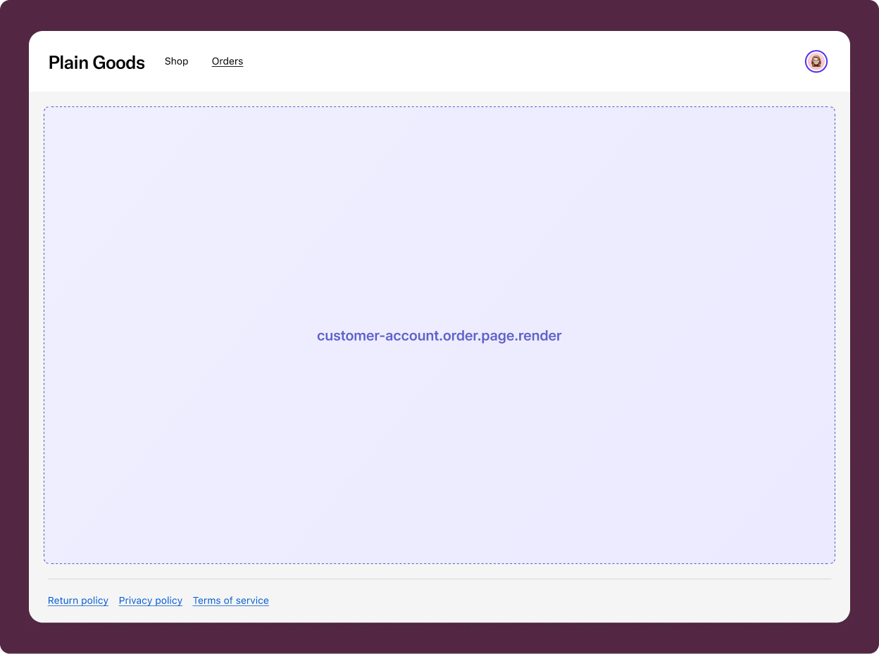 Customer account full page extension tied to a specific order, rendering in the main content area with order context.