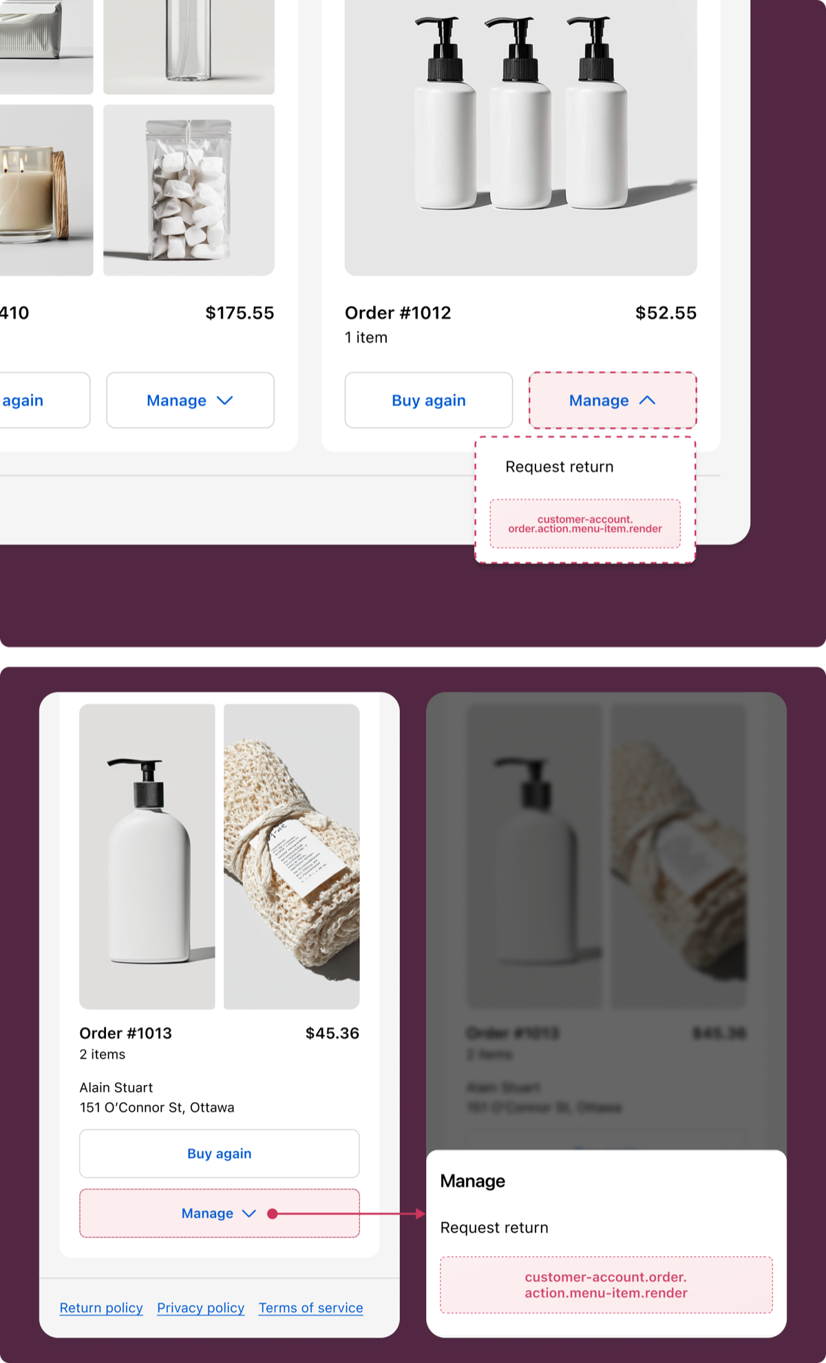 Order status page showing the action menu with an extension-provided menu item alongside native order actions.
