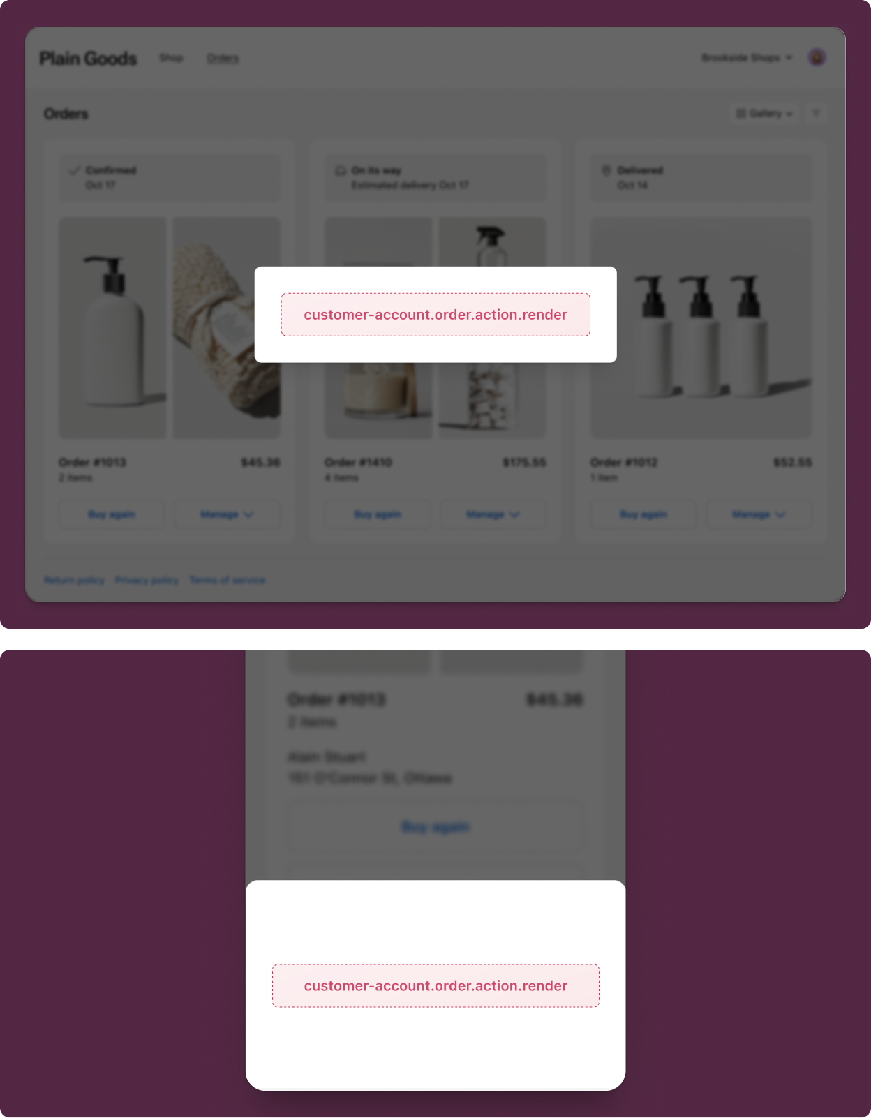 Modal overlay triggered by an order action button, displaying extension content above the order status page.