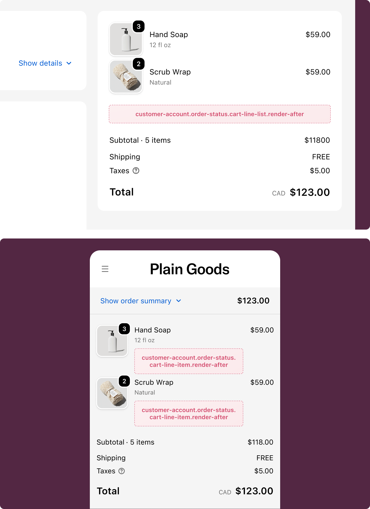 Order status page showing product line items with the extension target slot highlighted below the complete list of items.