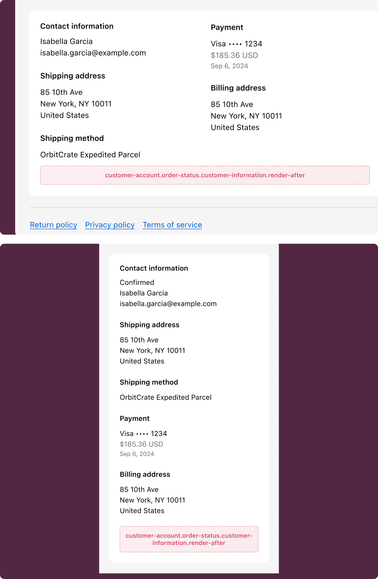 Order status page showing the customer information section with the extension target slot highlighted below contact and shipping details.