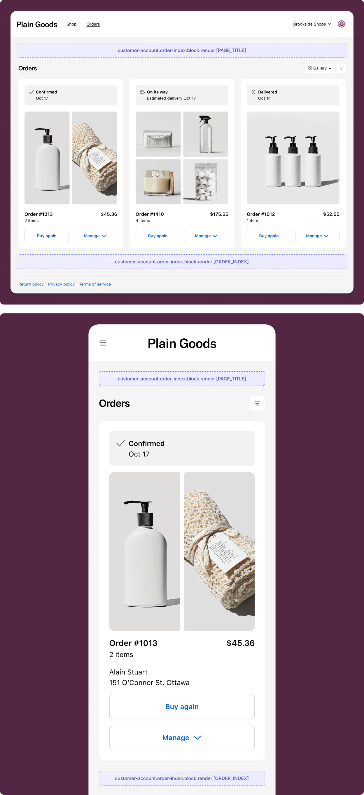 Order index page with an extension block rendered among the order list content.