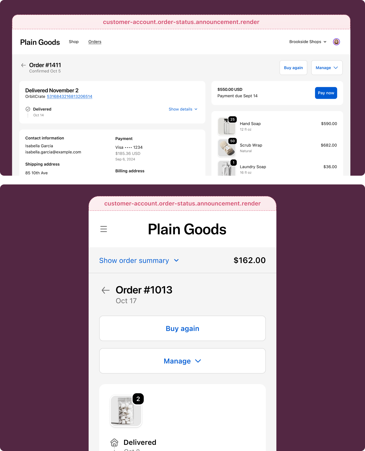 Order status page with a dismissable announcement banner rendered by an extension, reused here to illustrate the order index announcement target.